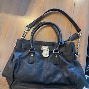 micheal kors hamilton black leather satchel with silver tone hardware